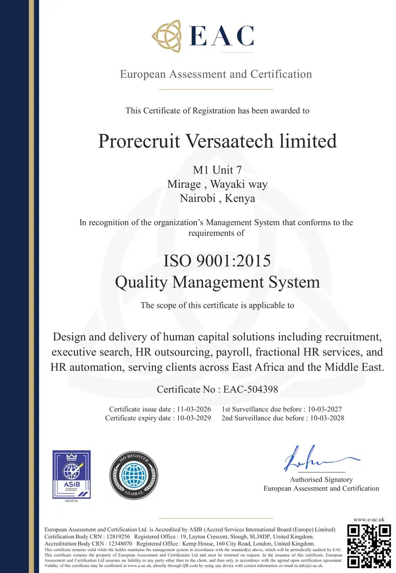 ISO 9001 Certification - Prorecruit Versaatech Limited