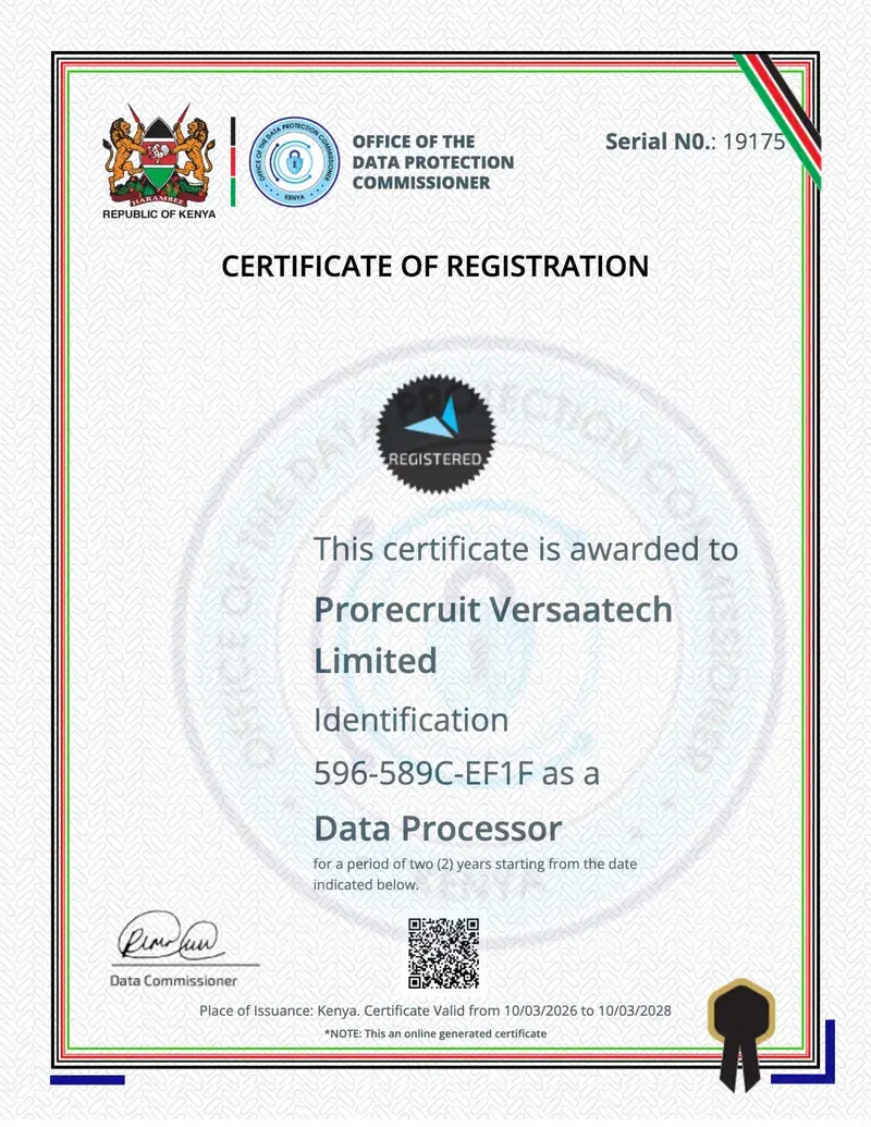 Prorecruit Versaatech Limited Registration Certificate
